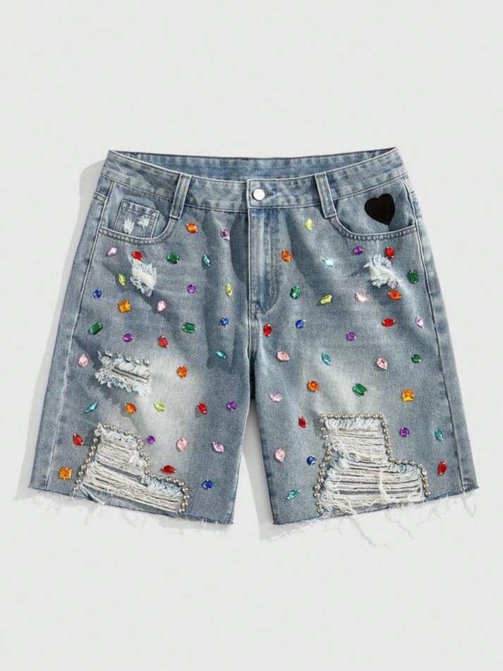 Uptown Funky Men's Diamond Distressed Crystal Embellished Pocket Frayed Edge Denim Shorts